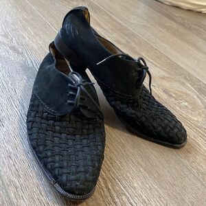 Vintage Via Spiga Black Suede Basket Weave Lace up Pointed Toe Oxford Loafers